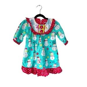 Jelly The Pug Snowman Holiday Ruffle Dress 100% Cotton Girls Size 8